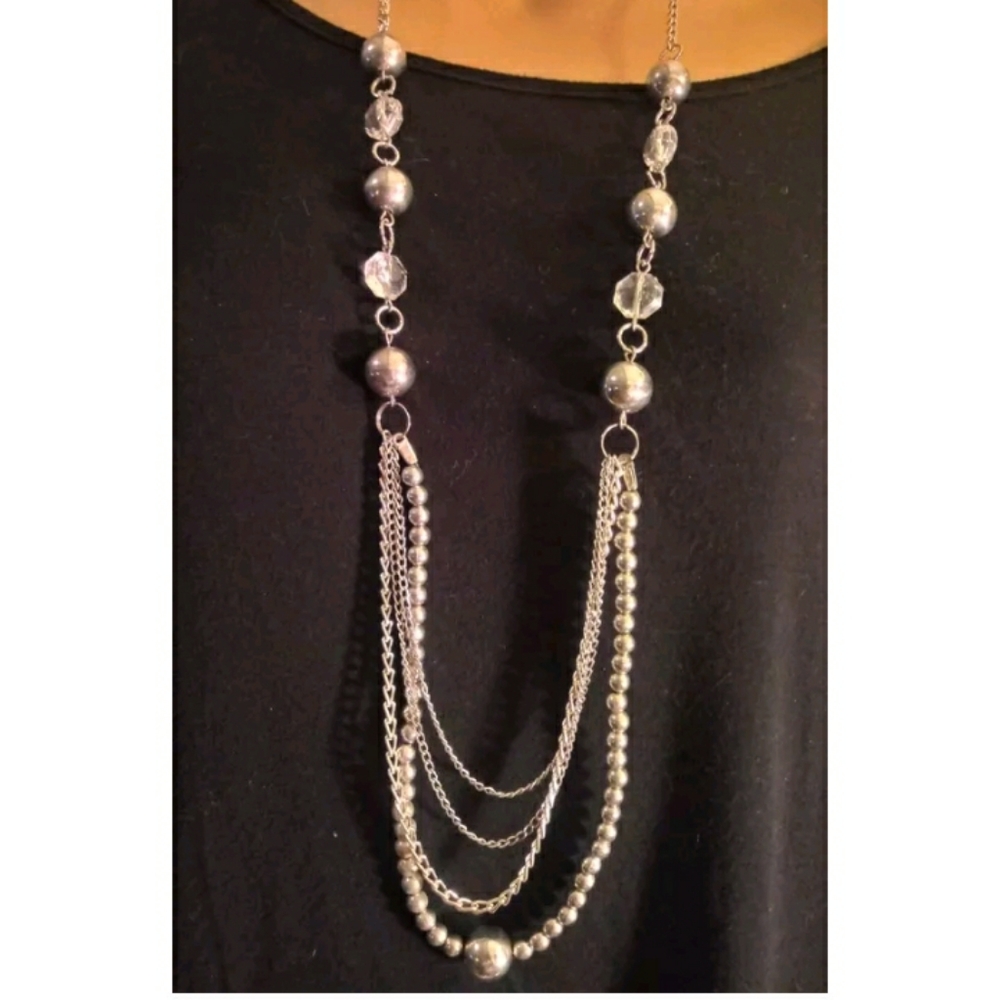 Silvertone Long Beaded Necklace. Layered Chains. Faux Pearls & Chrystal Faceted